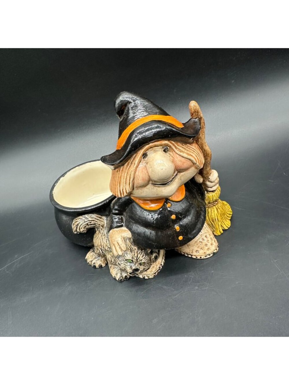 Vintage Halloween Witch Figurine Cat Cauldron Trinket Dish Planter Ceramic